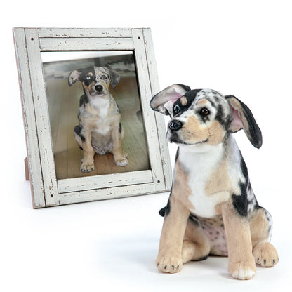 A lifelike custom dog plush placed beside a photo frame of the real dog, emphasizing accuracy.