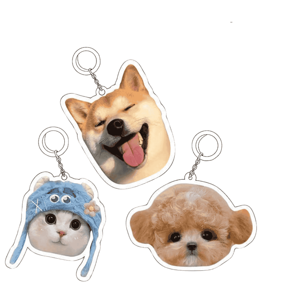 Double-sided acrylic pet keychain showing front photo and optional name on the back