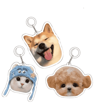 Double-sided acrylic pet keychain showing front photo and optional name on the back