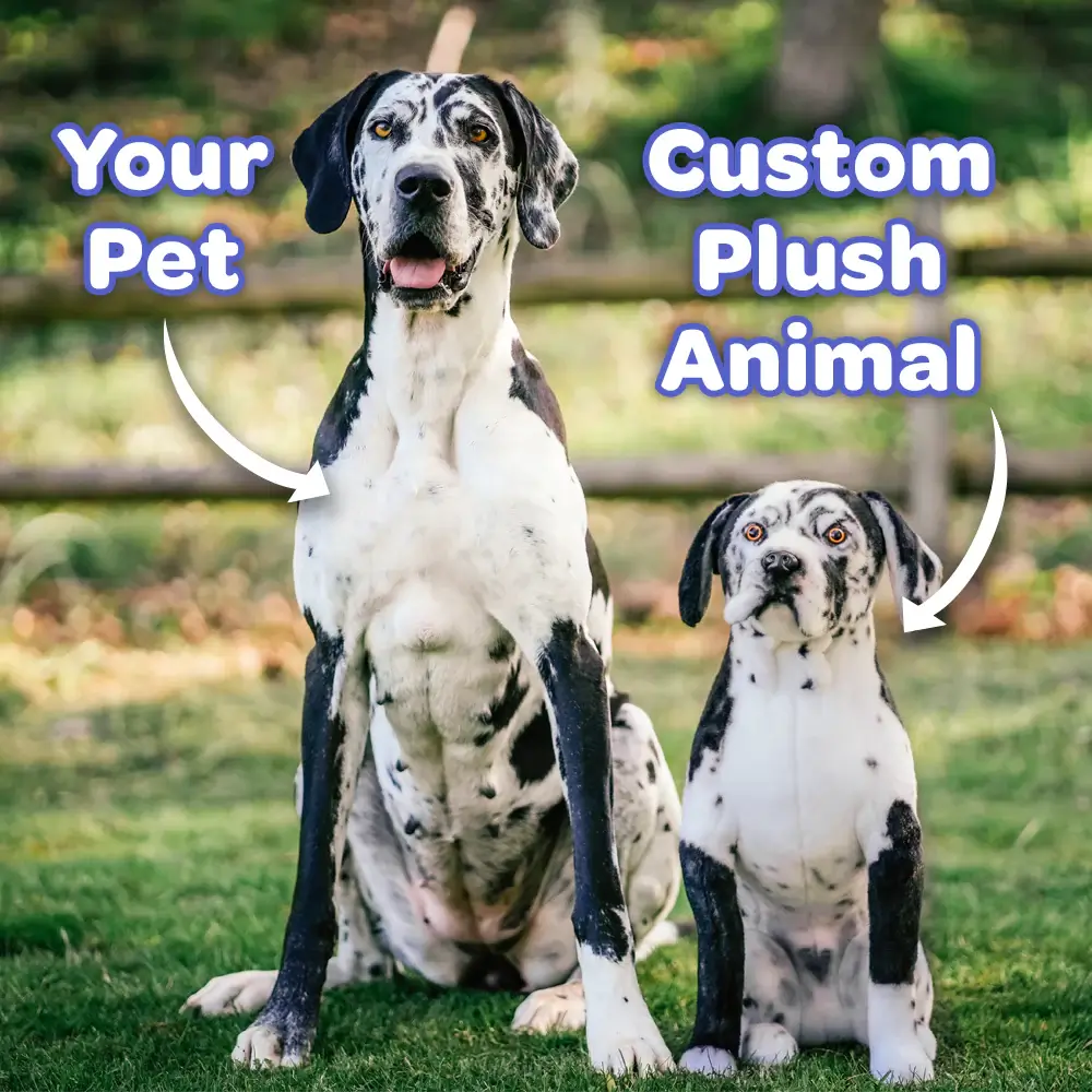 A personalized plush replica of a pet, accurately crafted to mirror the real pet’s appearance, making it a perfect keepsake or gift.