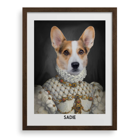 A personalized royal-style pet portrait with a premium frame, transforming your beloved pet into nobility.