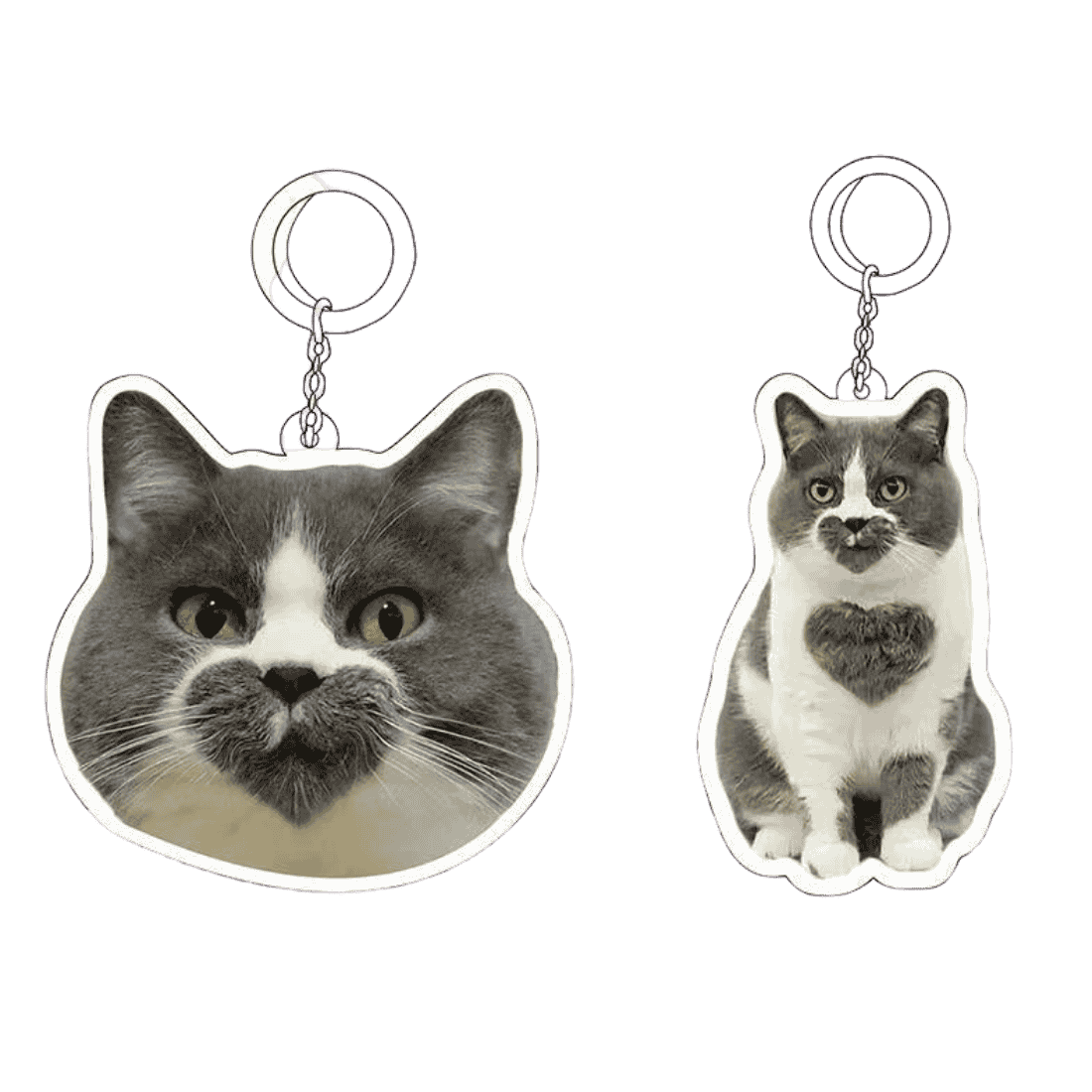 Size comparison chart for 5cm, 8cm, 10cm, and 15cm custom pet keychains