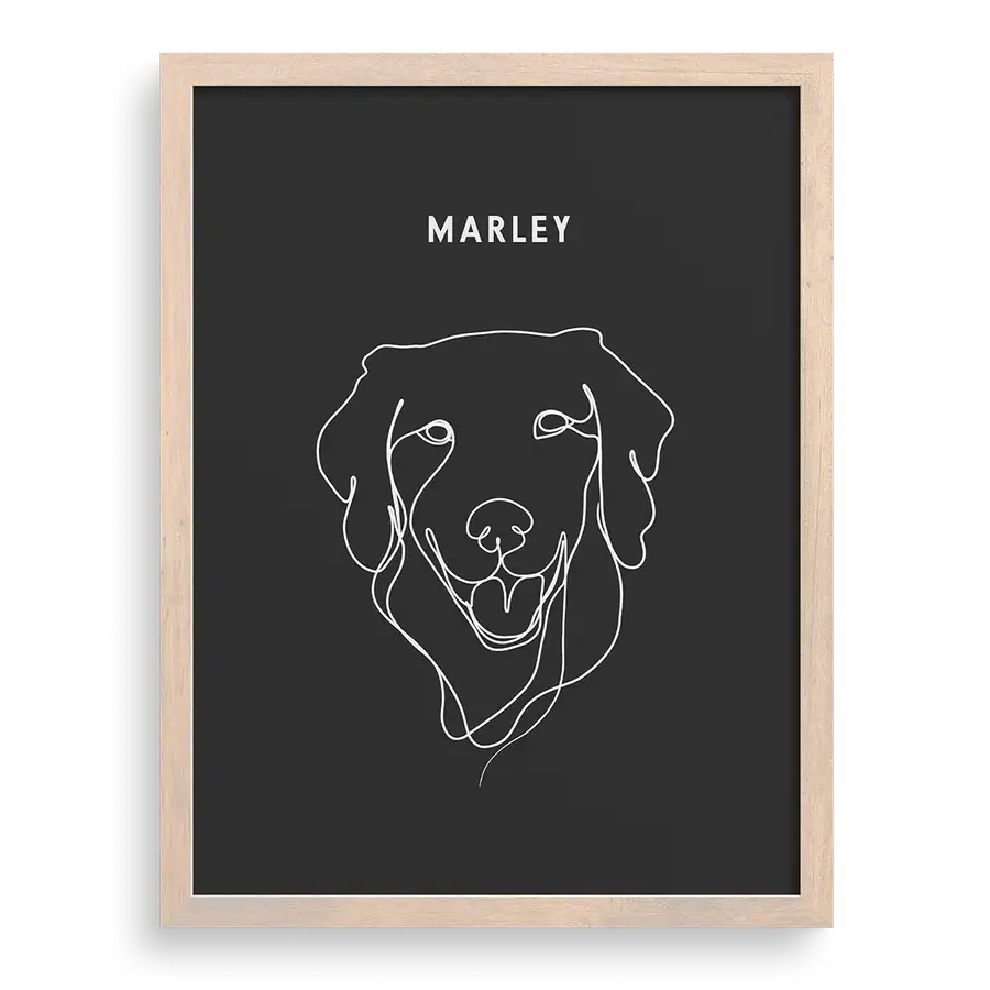 Line drawing pet memorial portrait with custom caption