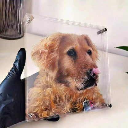DIY pet memorial acrylic piece showing lifelike pet layers