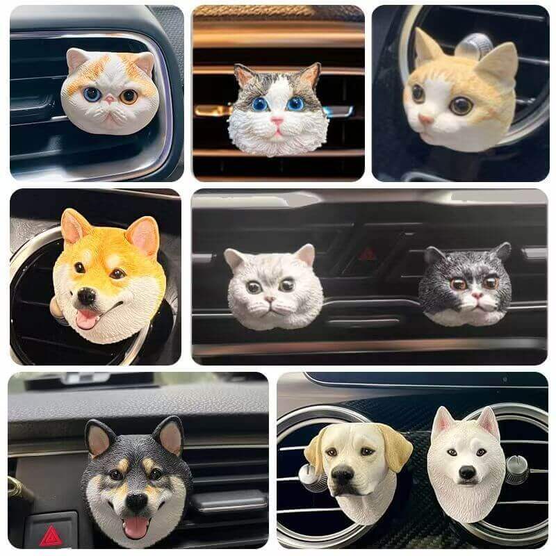 Custom pet car vent clip air freshener featuring a dog figurine