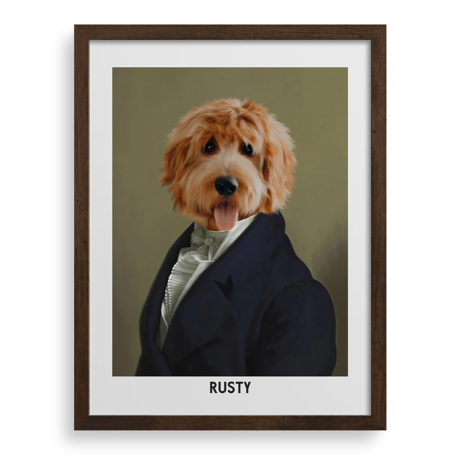 A personalized gentleman-style pet portrait with a classic frame, giving your pet an elegant and distinguished look.