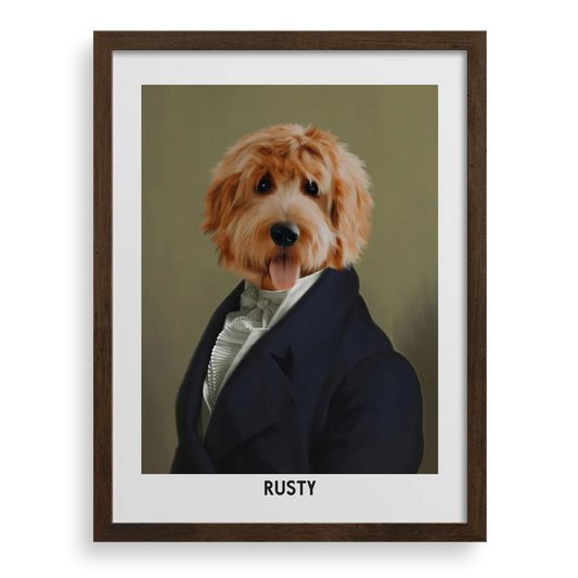 A personalized gentleman-style pet portrait with a classic frame, giving your pet an elegant and distinguished look.