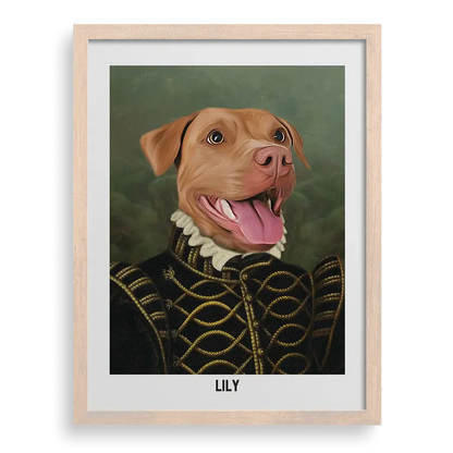 Royal-style portrait of a golden retriever in crown and robe