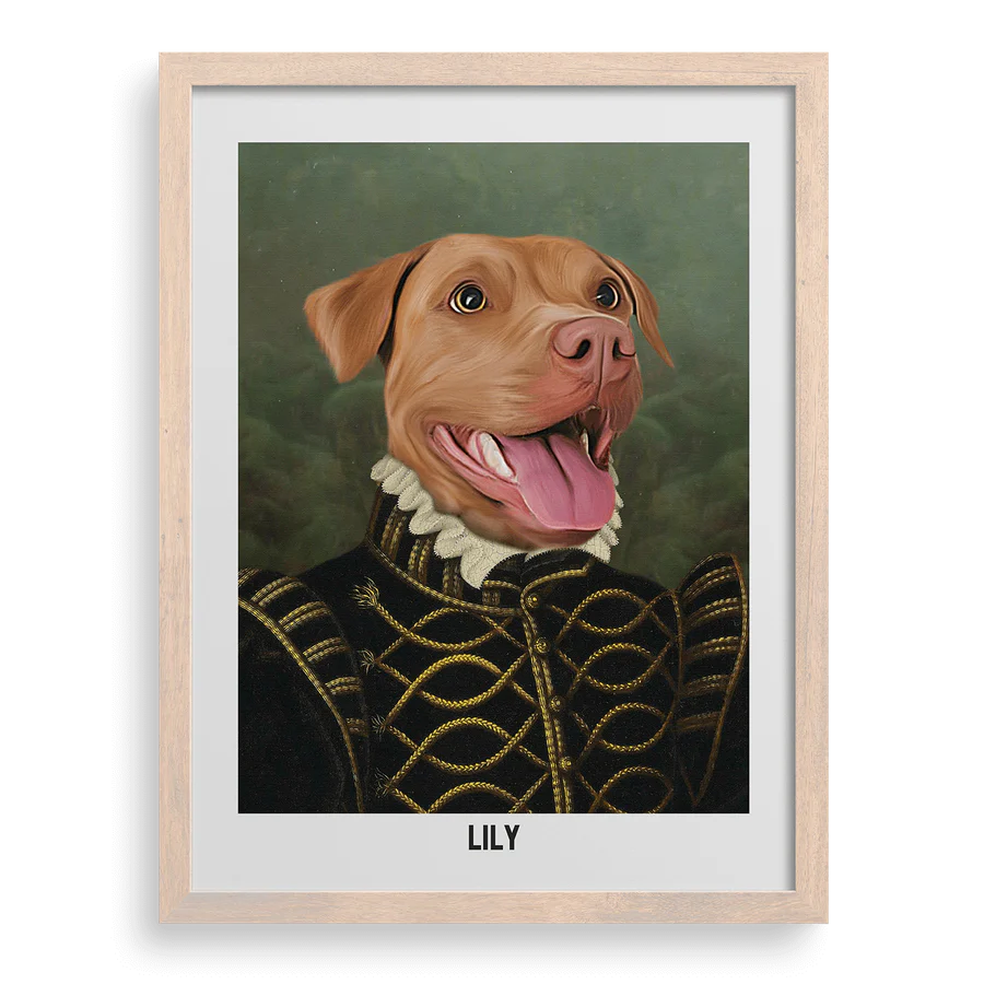 Royal-style portrait of a golden retriever in crown and robe