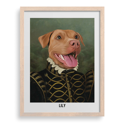 Royal-style portrait of a golden retriever in crown and robe