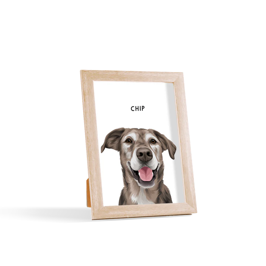 Custom pet portrait in a wooden frame by Paw-Pixie, a perfect display for pet lovers.