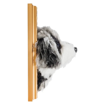 Side view of a custom 3D plush dog portrait by Paw-Pixie, mounted in a golden frame for a lifelike display.