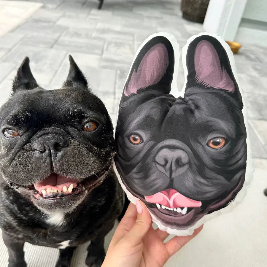 Personalized French Bulldog portrait pillow by Paw-Pixie, capturing a smiling pup alongside its plush twin.