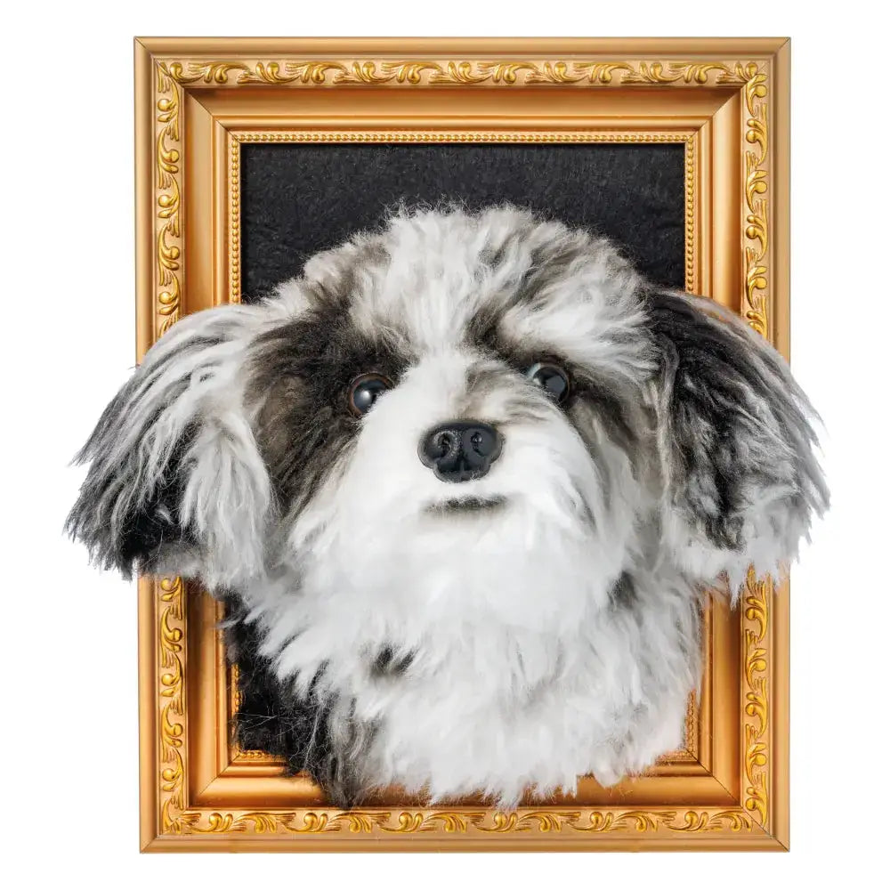 Custom Plush Pet Portrait Frame (Golden) by PawPixie – A hyper-realistic plush replica of your pet, elegantly displayed in a luxurious golden frame. A perfect tribute and decor piece.