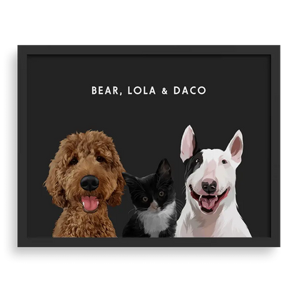 Custom portrait for three pets with charcoal gray background and black frame - personalized dog and cat wall art by Paw Pixie