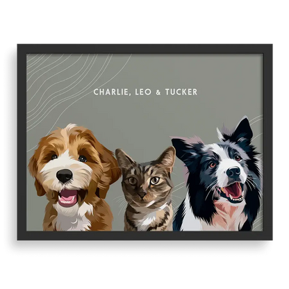 Custom portrait for three pets with sage background and black frame - personalized dog and cat wall art by Paw Pixie