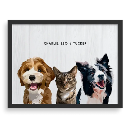 Custom portrait for three pets with shiplap background and black frame - personalized dog and cat wall art by Paw Pixie