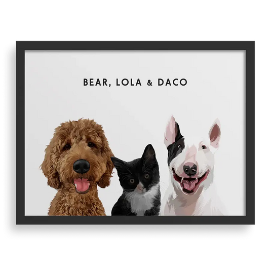 Custom portrait for three pets with soft white background and black frame - personalized dog and cat wall art by Paw Pixie