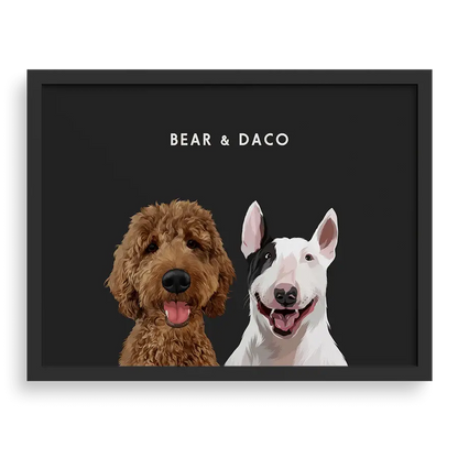 Custom portrait for two pets with charcoal gray background and black frame - stylish pet wall art by Paw Pixie