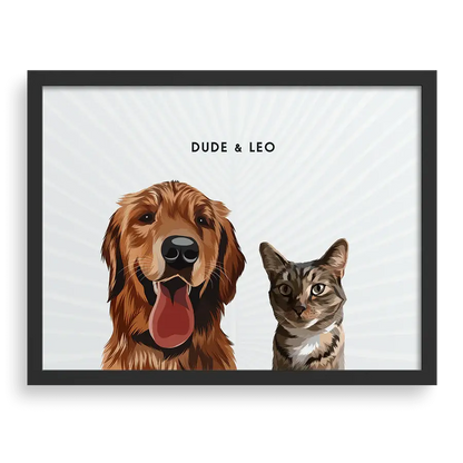 Custom portrait for two pets featuring a dog and a cat with a pampas grass background and black frame - Paw Pixie wall art