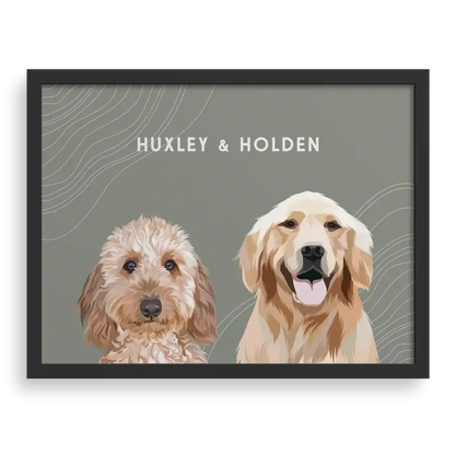 Custom portrait for two pets with sage background and black frame - personalized dog and cat wall art by Paw Pixie