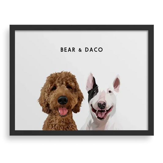 Custom portrait for two pets with soft white background and black frame - minimalist custom pet artwork by Paw Pixie