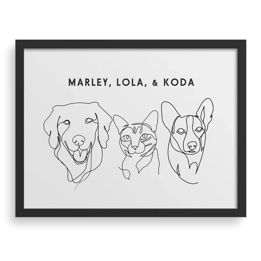 Custom Three Pet Line Drawing Portrait with Soft White background, black frame, with names – paw-pixie