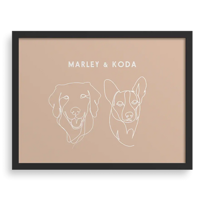 Custom Two Pet Line Drawing Portrait with Terracotta background, black frame, with names – paw-pixie