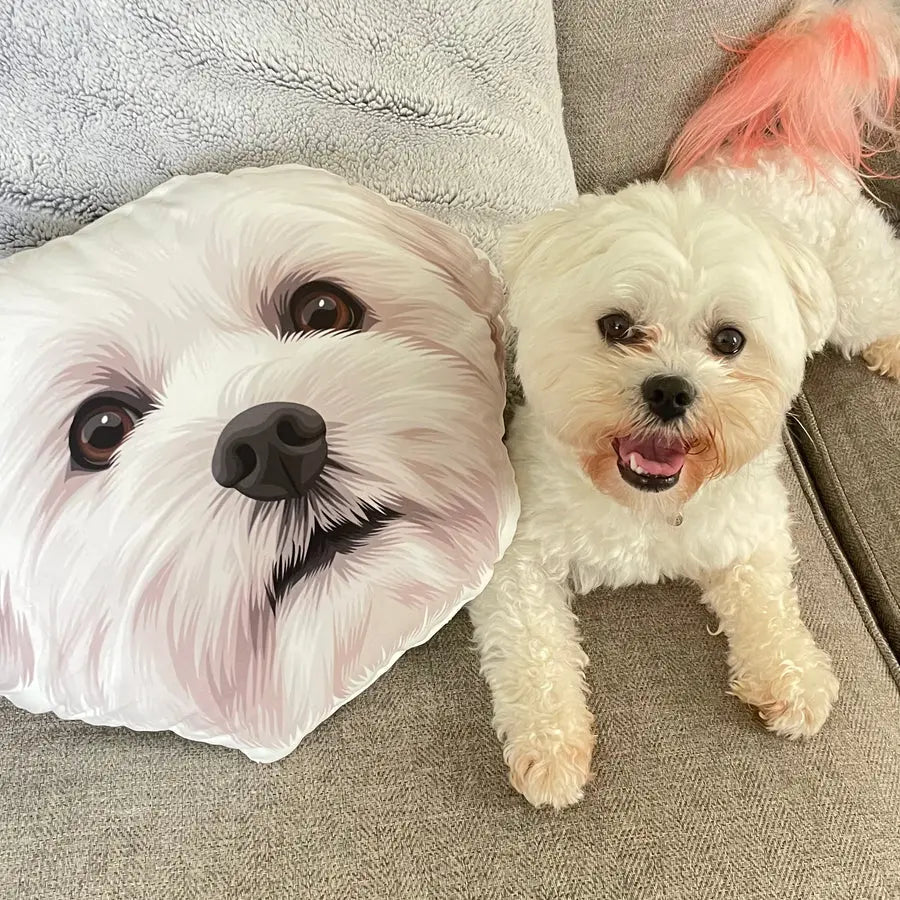 Custom pet face pillow by Paw-Pixie, featuring a realistic white fluffy dog illustration for pet lovers.