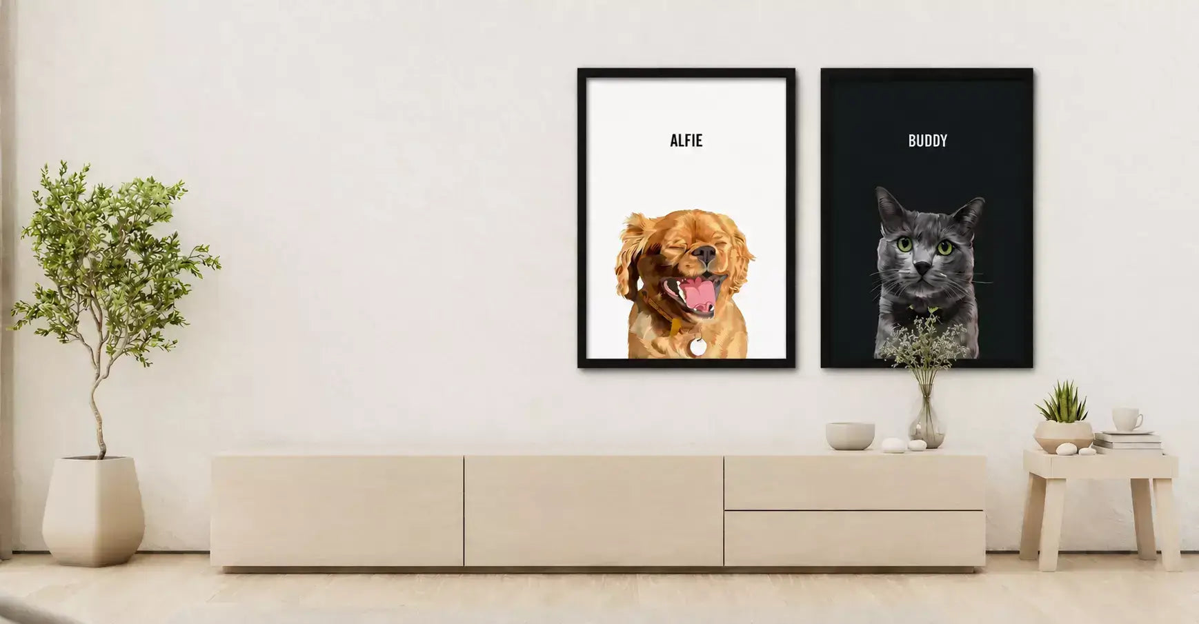 Custom pet portrait wall display featuring personalized dog and cat artwork