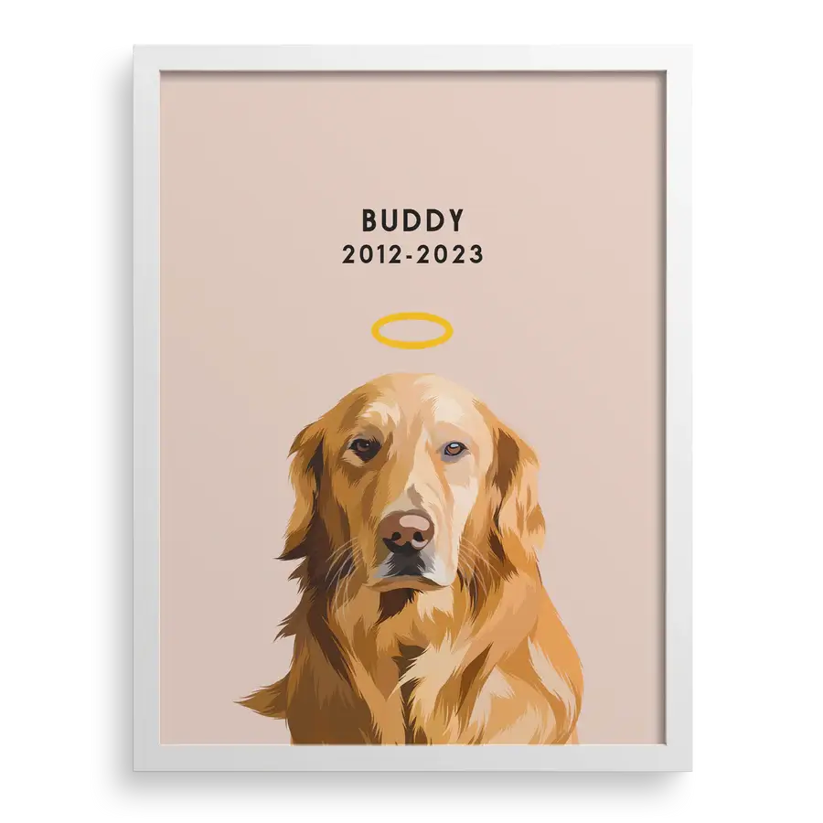Pet memorial illustration with floral accents and dates
