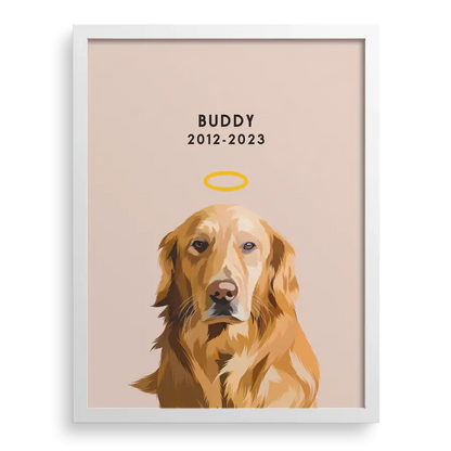 Pet memorial illustration with floral accents and dates