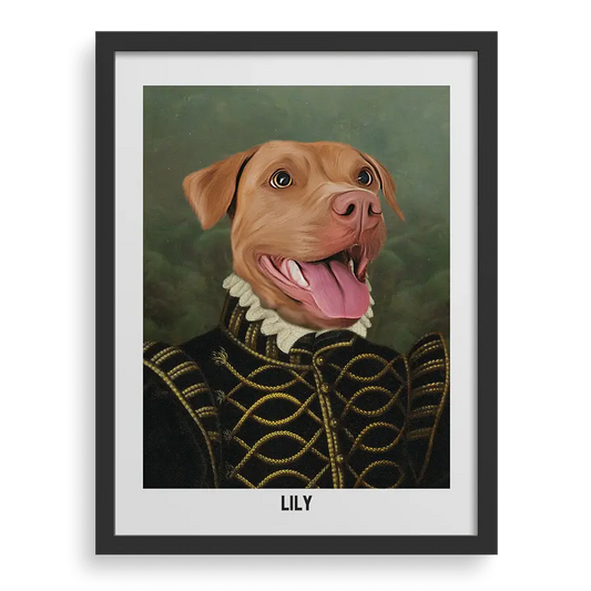 Custom pet portrait "The Baroness" with Black frame by Paw-Pixie.
