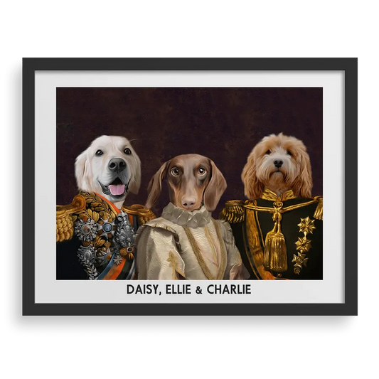 The Decorated Lords & Lady Custom Pet Portrait in Black Frame by Paw-Pixie, featuring three pets in elegant royal costumes.