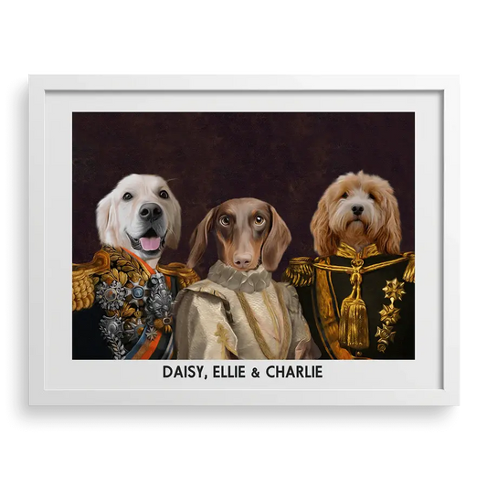 The Decorated Lords & Lady Custom Pet Portrait in White Frame by Paw-Pixie, featuring three pets in elegant royal costumes.