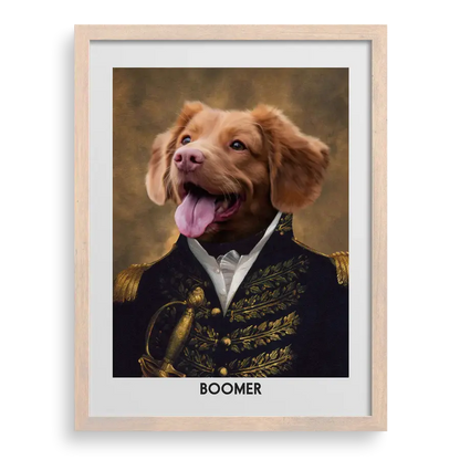 The Prince Custom Pet Portrait of one dog (Boomer) by Paw-Pixie, renaissance royal style in a brown wooden frame.