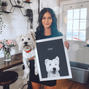 Woman holding custom portrait for one pet dog, personalised memorial gift
